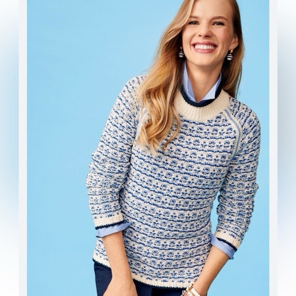 Talbots Mock Neck Chunky Knit Blue and White Sweater Cotton Blend Size L Coastal